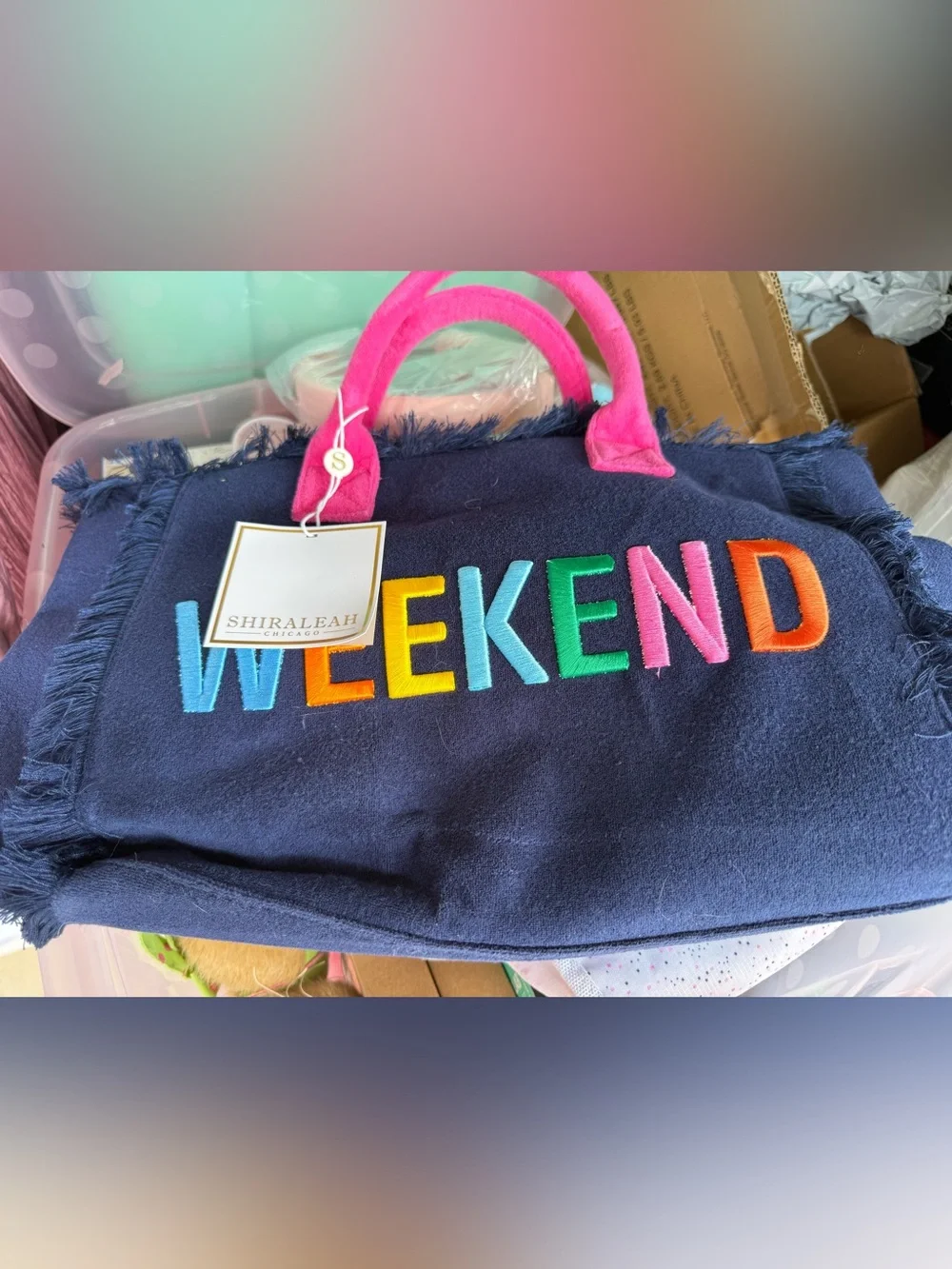 Shiraleah Cabana Weekend Navy Tote with Rainbow Embroidery